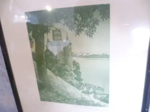 Meersburger Schloss mit Seeblick Richard Kasbaum  Lithographie signiert Originale Rahmung und Verglasung Um 1920 