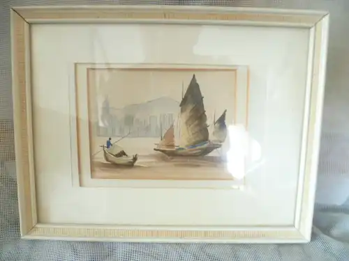  China  Fischer und Dschunke im Hafen vor einer Großstadt Aquarell Art Deko aus Kolonie Nachlass!