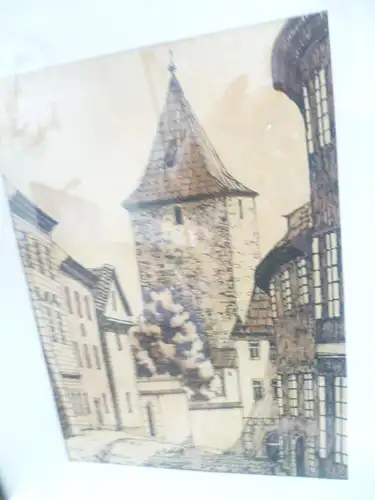 Federzeichnung  Stadtstaffage mit Turmanlage in Baden Württemberg oder Pfalz  Art Deko signiert 