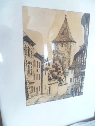 Federzeichnung  Stadtstaffage mit Turmanlage in Baden Württemberg oder Pfalz  Art Deko signiert 