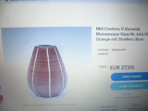Mid Century Ü-Keramik Blumenvase  Dekorative Vase gemarkt Nr. 464/8, Orange mit Streifen. Maße: ca. 8cm Höhe. 
