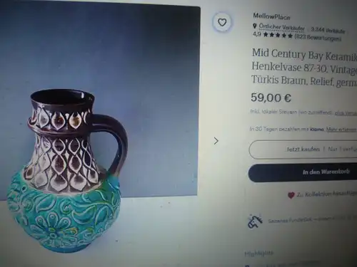 Mid Century Bay Keramik Vase, Henkelvase 87-30, Vintage Krug, Türkis Braun, Relief, german pottery