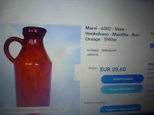 Gerda Heukeroth Designerin hier Marei Fat Lave  - 6302 - Vase - Henkelvase - Majolika - Rot - Stahlblau - Grün -Weiß-1960er aus der Vitrine H: 20 cm