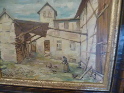 Otto Dill (* 4. Juni 1884 in Neustadt an der Weinstraße; † 6. Juli 1957 in Bad Dürkheim) war ein deutscher Maler. "Fachwerkhof Bäuerin beim Hühner füttern "