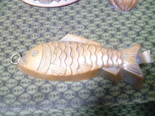 Biedermeier Fisch Pudding form Kupfer selten da Aufsteller  aus Rauchfanküche um 1860 Provenienz Bäckerei Gauss 75015 Bretten museal