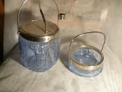 Chrom Blauglas Art Deko Eisbehälter und Konfekt Henkelschale 