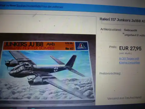  Junkers Ju188 A! E1 1:77Baukasten Nr117original verpackt unbespielt Ovp