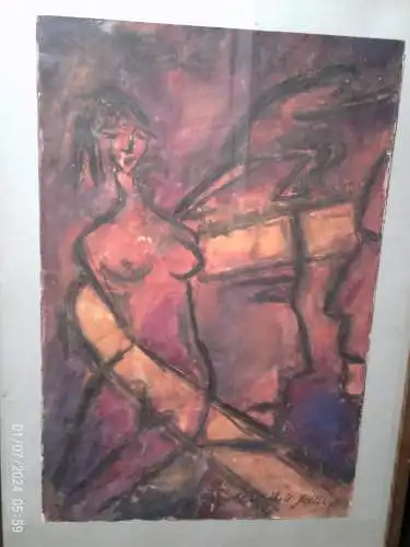 Frauenakt in Orange und Rottöne Ulrike U Zeller Neo Impressionismus großes Aquarell links signiert und 61 datiert