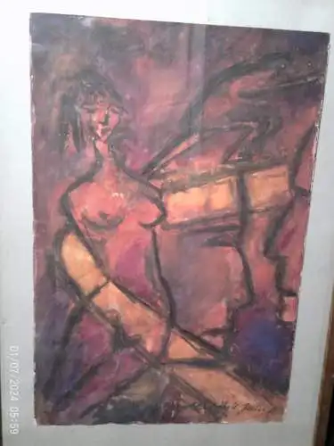 Frauenakt in Orange und Rottöne Ulrike U Zeller Neo Impressionismus großes Aquarell links signiert und 61 datiert