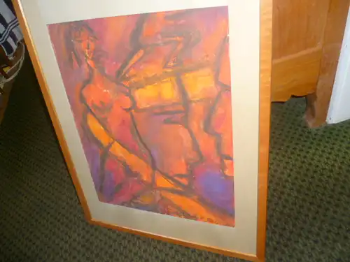 Frauenakt in Orange und Rottöne Ulrike U Zeller Neo Impressionismus großes Aquarell links signiert und 61 datiert