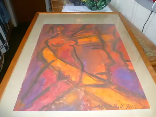 Frauenakt in Orange und Rottöne Ulrike U Zeller Neo Impressionismus großes Aquarell links signiert und 61 datiert