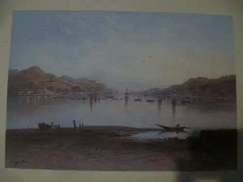 Eduard Hildenbrandt1818 Danzig-1868 Berlin große Chromolithographie signiert rechts in der Platte   „Hafen von Nagasaki "  