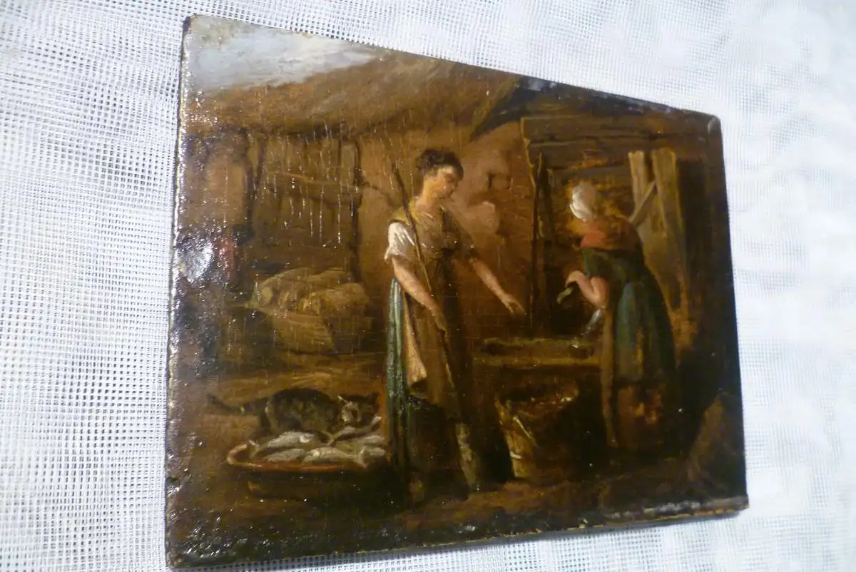  Adrian Van Ostade 1610 Haarlem 1685 Genre Gemälde  Bäuerinnen Fische ausnehmend , Katze stiehlt einen Fisch Bauer füttert Schweine