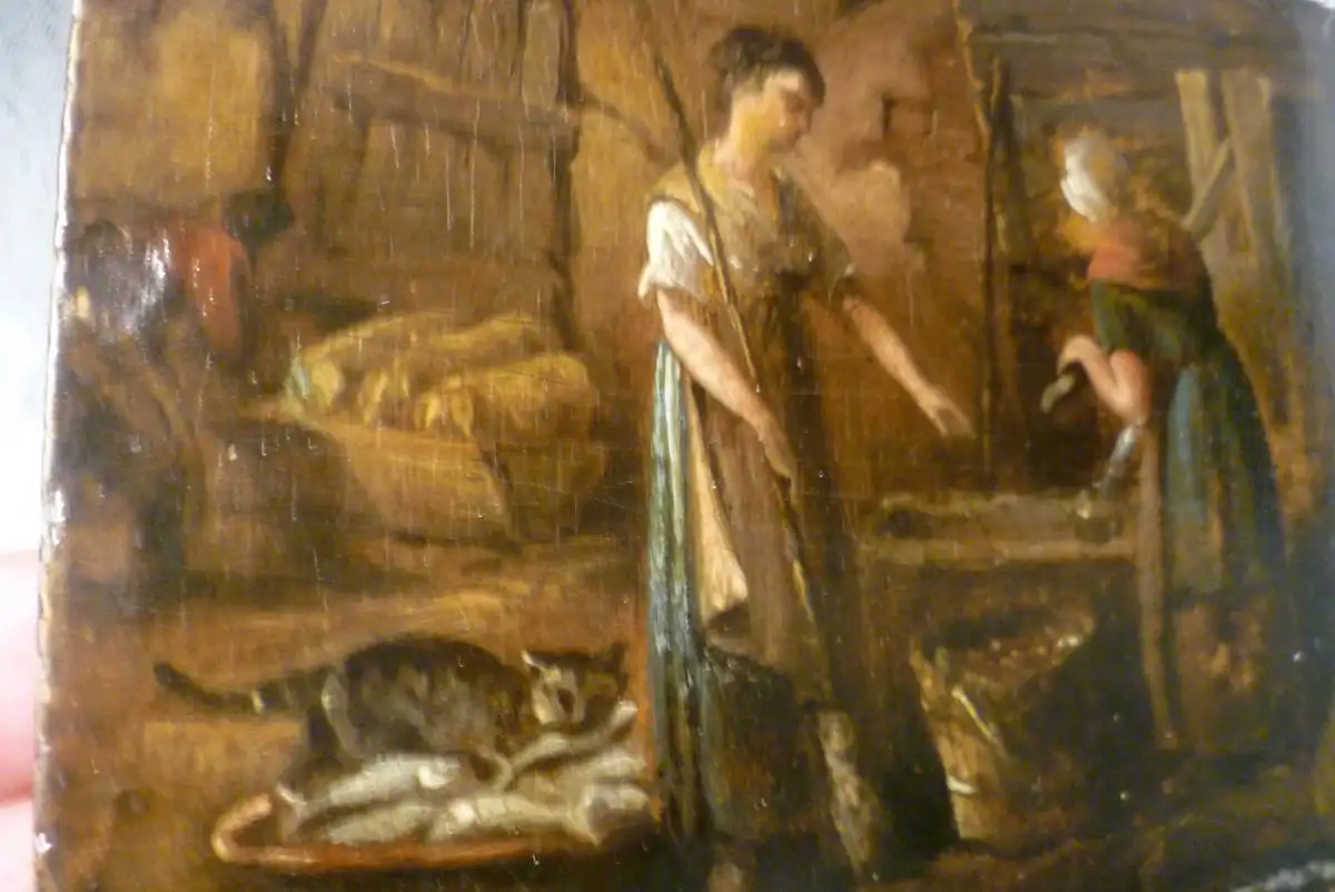  Adrian Van Ostade 1610 Haarlem 1685 Genre Gemälde  Bäuerinnen Fische ausnehmend , Katze stiehlt einen Fisch Bauer füttert Schweine