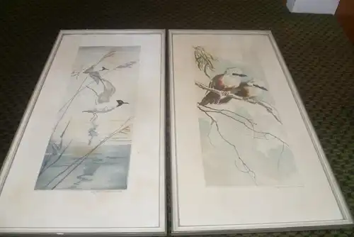 Art Deko Japan/China 2 signierte Lithographien Finken Paar auf Ast sitzend + Möwen am See um 1930-45  von Hand koloriert in originaler Rahmung!