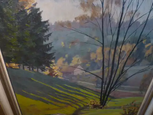 Willi Kreutzer 1914 Budapest-1996 Bad Aibling  = Chiemsee Maler "Weite expressive Herbstlandschaft mit einem Gehöft in hügeliger Bad Aiblinger Landschaft" signiert u datiert