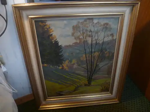 Chiemsee Maler Willi Kreutzer 1914-1996  Frühwerk !"Weite expressive Herbstlandschaft mit einem Gehöft in hügeliger Bad Aiblinger Landschaft" sign. W. Kreutzer. 