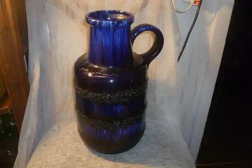 Scheurich 408-40 Mid Century 70 Ära extra große Bodenvase mit glänzenden blauen und dicken porösen schwarzen Fat Lava Glasuren