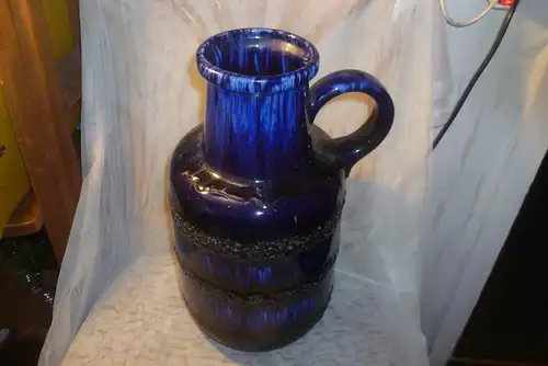 Scheurich 408-40 Mid Century 70 Ära extra große Bodenvase mit glänzenden blauen und dicken porösen schwarzen Fat Lava Glasuren