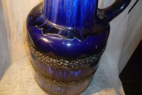 Scheurich 408-40 Mid Century 70 Ära extra große Bodenvase mit glänzenden blauen und dicken porösen schwarzen Fat Lava Glasuren