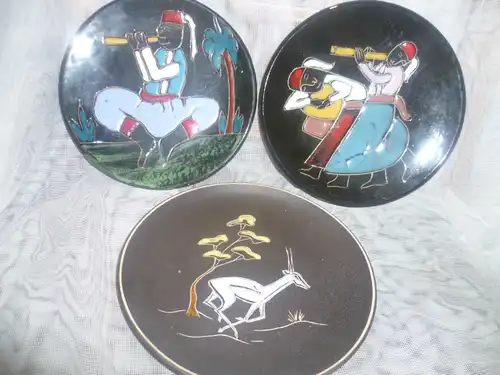 Ruscha Emaile Dekor Keramik Wandteller Dekor Antilope und Orient 1+2 Vintage 50 Jahre