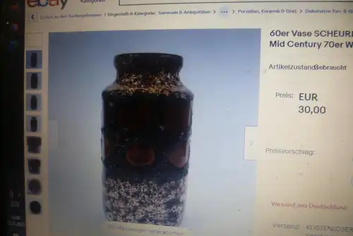 Scheurich Keramik West Germany 216-20  Die Vase ist mit mattierten, lavaähnlichen Glasuren weiß mocca türkis  verziert, die eine strukturierte und entsteinte Oberfläche