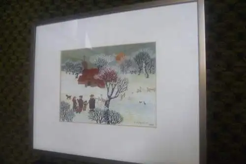 Provenienz Galerie Nettels 4400 Münster Roland Kötteritzsch 1961 geb in Leipzig Mischtechnik" Dorfidylle mit Spaziergängern im Winter" von 1980