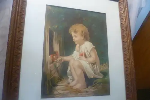 Mädchen beim Hühner füttern Graphik Litho ? Motiv wohl Albert Anker 1831-1910