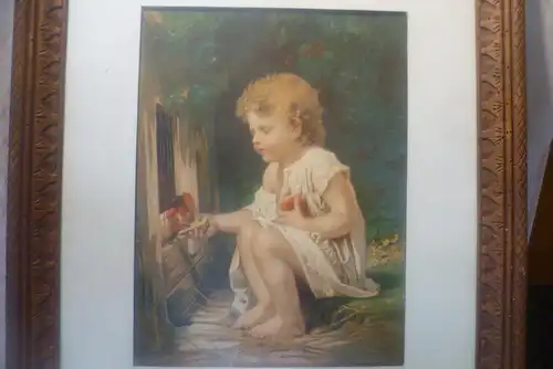 Mädchen beim Hühner füttern Graphik Litho ? Motiv wohl Albert Anker 1831-1910