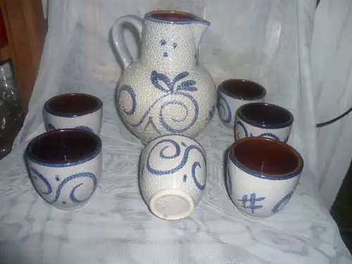 Scheurich Keramik 6 Becher Saftkrug& blaues Dekor Mid Century 70er 418-20 und dazu gehörige Becher 418-7 west german pottery 