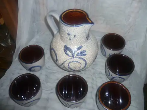 Scheurich Keramik 6 Becher Saftkrug& blaues Dekor Mid Century 70er 418-20 und dazu gehörige Becher 418-7 west german pottery 