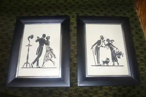 Scherenschnitte 2 Stück Paar des der Art Deko Zeit um 1930 beim Tanzen signiert MP und Jugendstil galantes Paar mit Hund beim ersten Treffen
