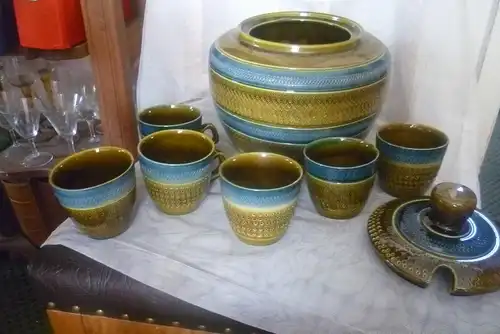 Aldo Londi Rimini blue green Bowle ,inclusive 6 Gläsern , Mid Century der 1970 Ära , Top erhalten aus der Vitrine