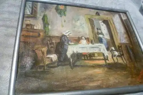 D Vanacker signiert um 1920-35 "Die Tisch Gesellschaft"  kleines romantisches Interior Gemälde , wohl belgischer niederländischer Maler
