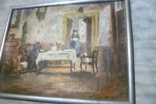 D Vanacker signiert um 1920-35 "Die Tisch Gesellschaft"  kleines romantisches Interior Gemälde , wohl belgischer niederländischer Maler