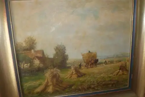 Johann Jungblut 1860 Saarburg-1912 Düsseldorf Pseudonym: J. Metzler  " Bauern bei der Heuernte in idyllischer Landschaft nahe einem Gehöft"