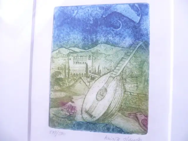 "Mandoline in italienischer idyllischer Landschaft"   Thematik zeigt Einflüsse von Pablo Picasso Farbradierung rechts signiert.