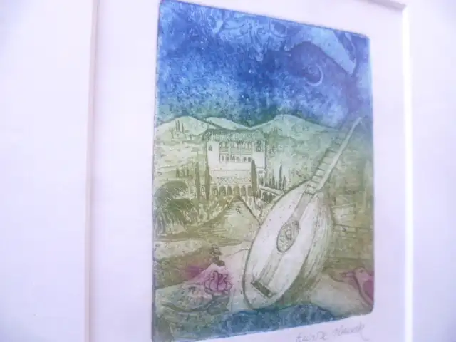 "Mandoline in italienischer idyllischer Landschaft"   Thematik zeigt Einflüsse von Pablo Picasso Farbradierung rechts signiert.