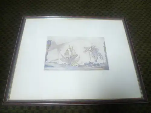 "Garten Idylle"   Thematik zeigt Einflüsse von Salvatore Dali Farbradierung rechts signiert:  ?? Hecker ?