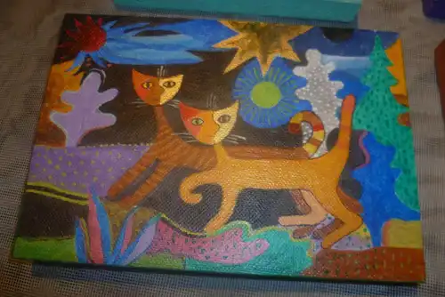 Acrylfarben Malerei auf Holzplatte in vielen Farben alle sind signiert; J.S für Josef K. Strobel in der Art von Rosina Wachtmeister 