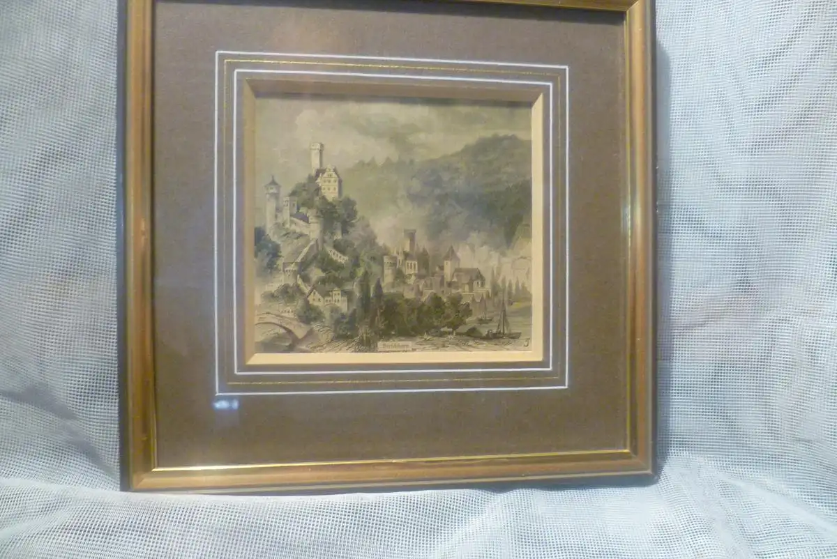 Stahlstich mit der Ansicht von Hirschhorn mit der erhabenen Burganlage um 1880