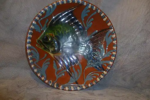  Studio Wandkeramik farbenfroher Fisch in Wasserlandschaft 50 Jahre signiert 