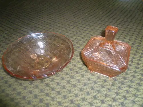 Konvolut Brockwitz rosalin Glas Art Deko Zuckerdose+Obstschale Obstschale Rokoko Kartusche und Blütenzweig