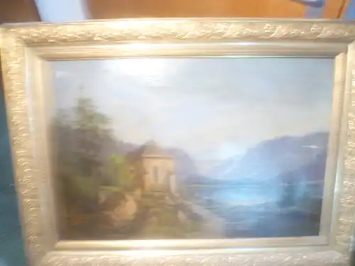 Thoma Josef 1828- Wien-1899  „ Vierwaldstetter See mit Wanderpaar in Schliersee Tracht vor Kapelle“ Gemälde