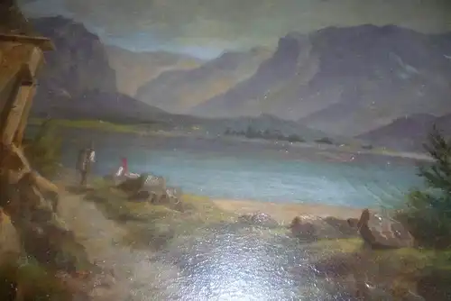 Thoma Josef 1828- Wien-1899  „ Vierwaldstetter See mit Wanderpaar in Schliersee Tracht vor Kapelle“ Gemälde 