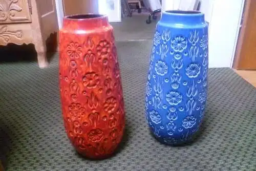Ein Paar = 2 Stück 60s 70s Scheurich 265-42Keramik Vase flower Relief Bodo Mans Design west german ceramic ,