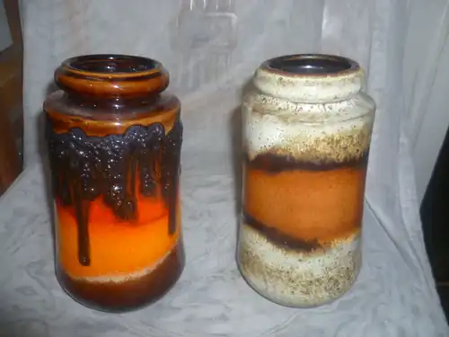 Konvolut 2 Stück !! Art Modernist Mid Century Lore Fat Lava Vase Dekor orange bräunlich schwarz Produzent: Scheurich 1968-1980