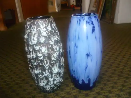  2 als Set !!Vintage Scheurich Vase 522-18 Keramik W.Germany , blaue Lauflasuren + super Crusty aus der Vitrine H: 18cm 