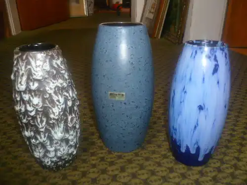  3 als Set !!Vintage Scheurich Vase 2 X 522-18+ 522-20 Keramik W.Germany , blaue Lauflasuren + super Crusty + gesprenkeltes Dekor aus der Vitrine H: 18cm 