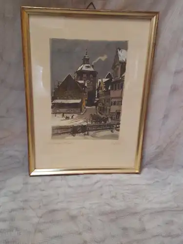 Karl Fuchs 1872S-1968Esslingen a N. Esslingen Wolfstor Farb.Litho Lithographie betitelt: Esslingen Wolfstor rechts auf. K.Fuchs aus den 1920 Jahren Orig.Rahmung Masse m R; 21.5 x 29